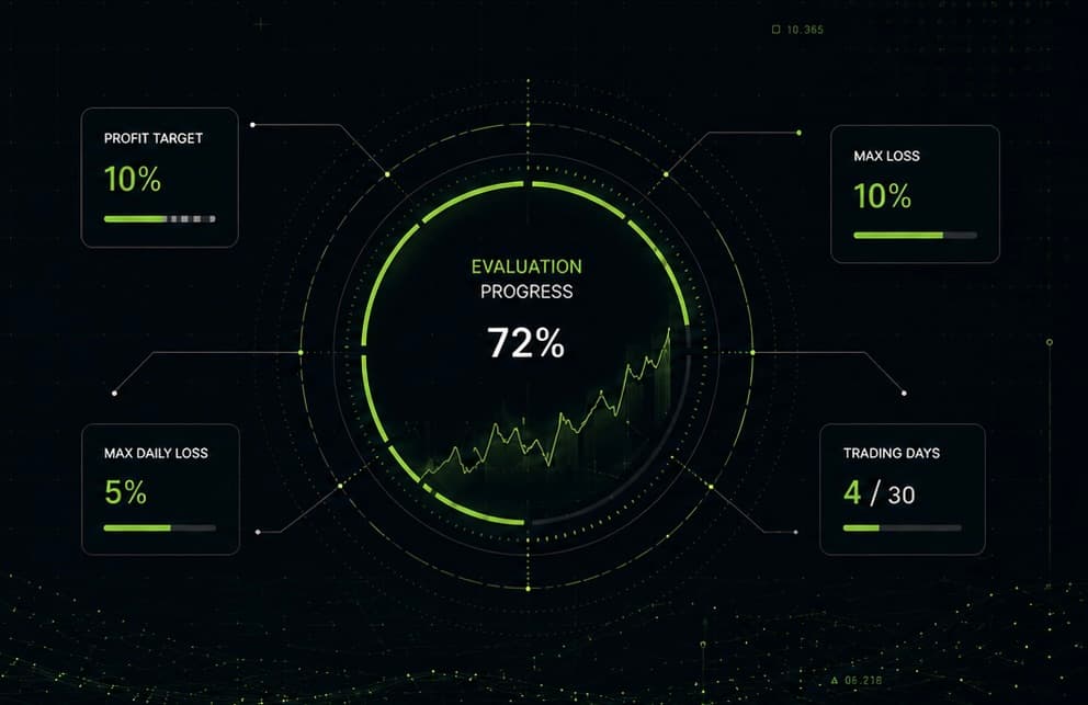 Evaluationsübersicht mit Profit-Ziel, Verlustgrenzen, Trading-Tagen und Fortschritt