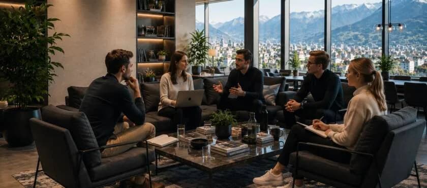 Eine Gruppe bespricht gemeinsam ihre Trading-Entwicklung